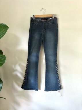 VTG 90s Y2K Mudd Lace Tie Up Grommet Low Rise Flare Jeans Sz 3 Boho Hipster